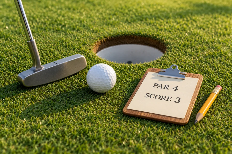 A golf ball and putter beside a cup and a card reading PAR 4 and SCORE 3 on a putting green