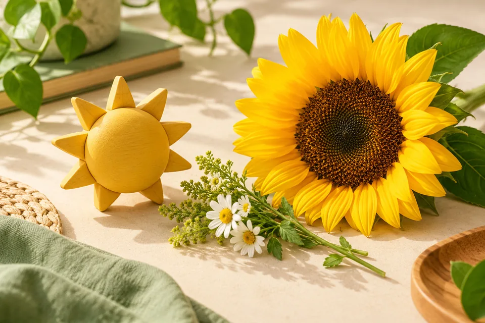 A model sun and a small flower beside a real sunflower