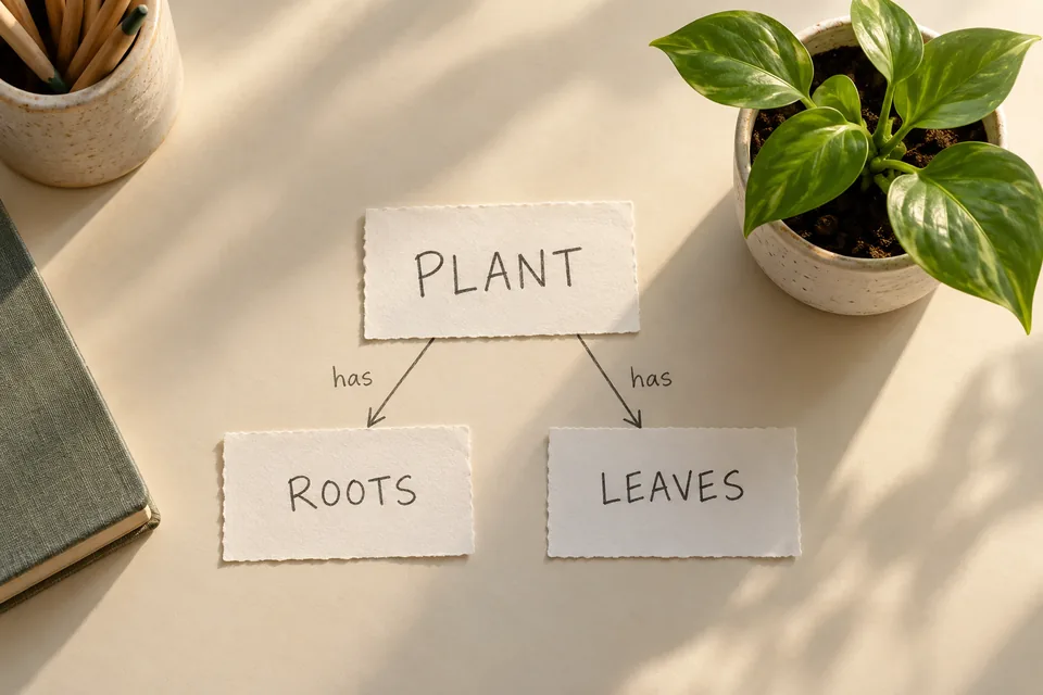 Three small handwritten cards connect a plant with its roots and leaves