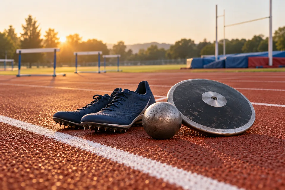 Navy running spikes, a discus and a metal shot sit beside a red running track, with hurdles softly blurred behind