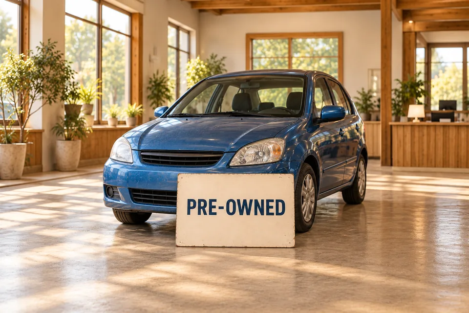 A cream sign reading PRE-OWNED stands in front of a worn blue car in a sunlit showroom