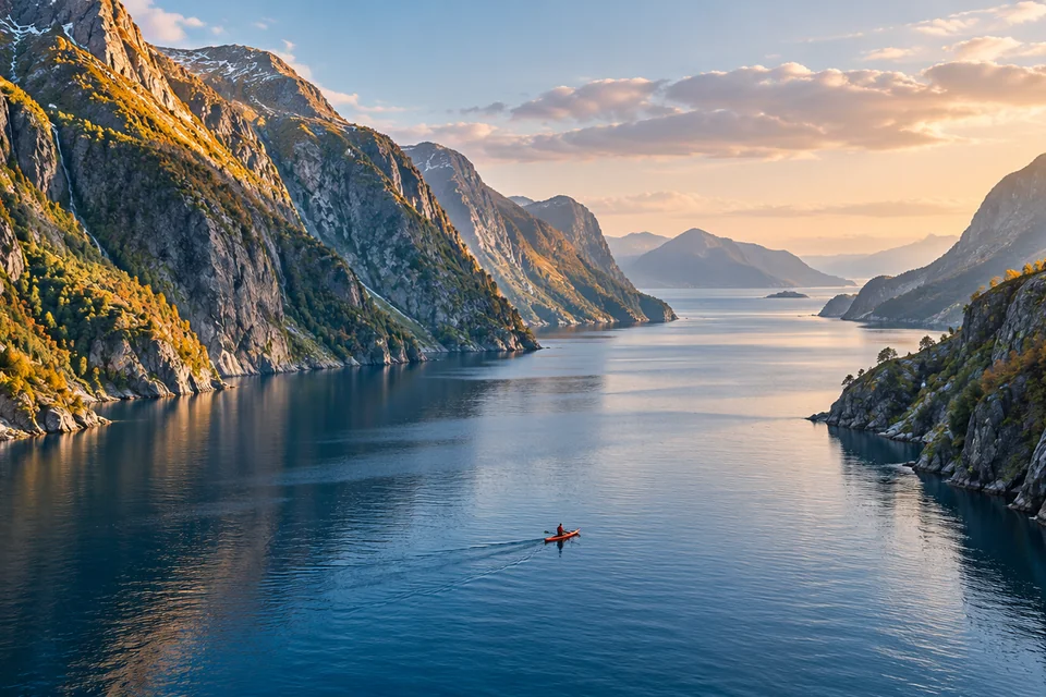 A narrow sea inlet between steep rocky valley sides, with a small kayak on the calm water