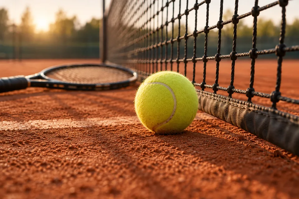 A yellow tennis ball rests beside a net on a red clay court, with a racket behind it