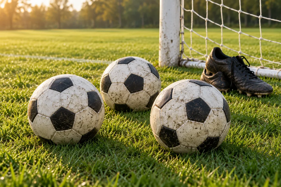 Three unbranded footballs sit on grass beside a white goal net, with a pair of black boots behind them
