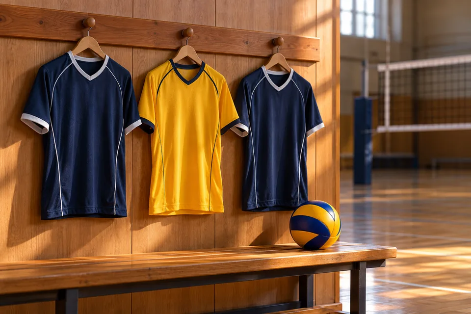 A yellow volleyball jersey hangs between two navy jerseys above a bench with a volleyball