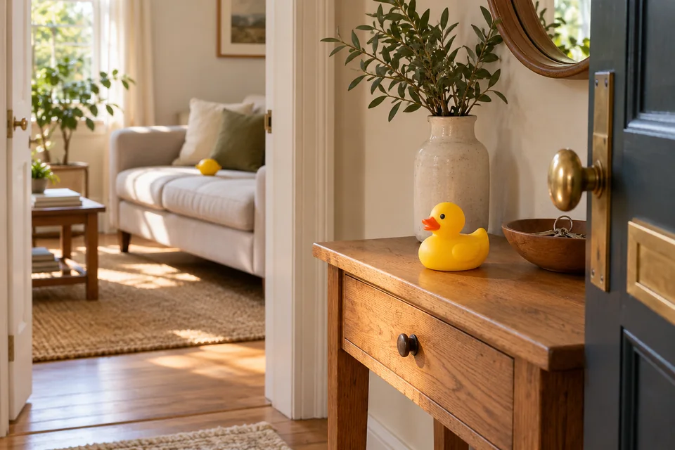 A yellow rubber duck sits beside a front door, with a lemon on a sofa visible through the living room doorway