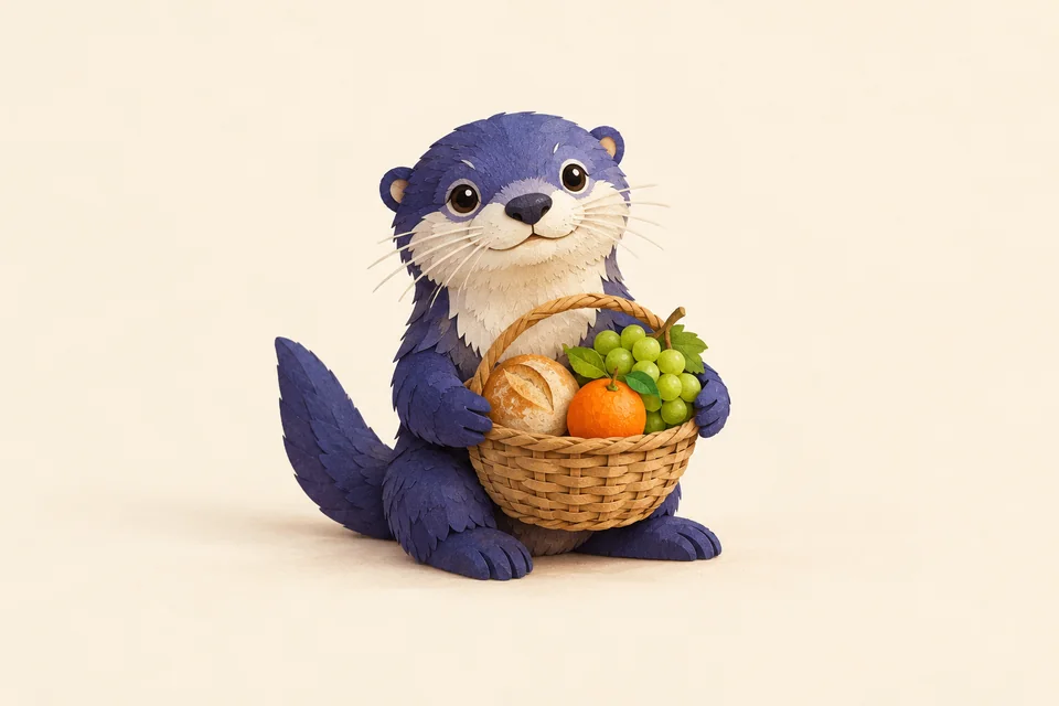 An indigo paper otter holds a basket containing a bread roll, an orange and green grapes