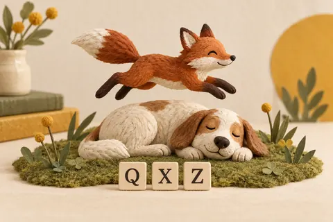 Handmade brown fox jumping over a sleeping cream dog, with Q, X and Z letter tiles