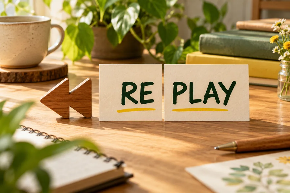 Two cream cards marked RE and PLAY form REPLAY on a desk