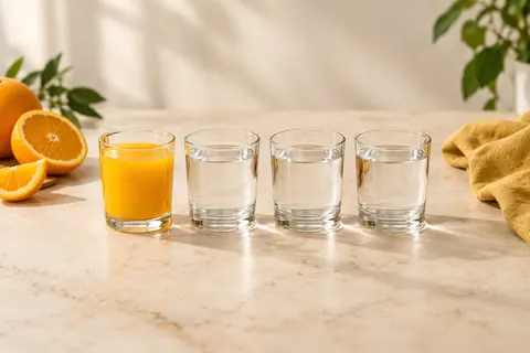 Four equal-sized glasses filled to the same height: one orange juice and three clear water