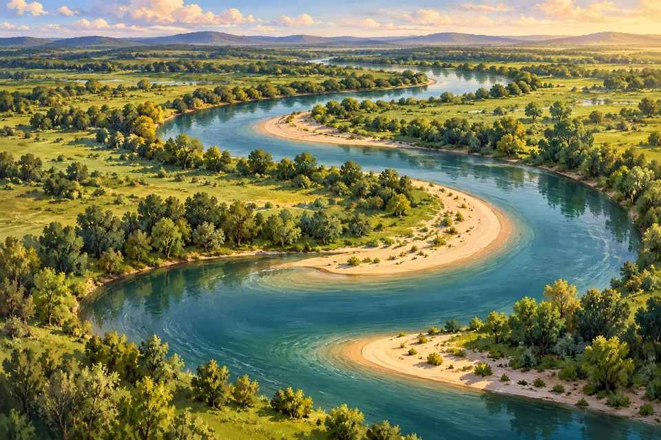 An illustrated blue river bends across green land, with pale sand on the inside of its curves