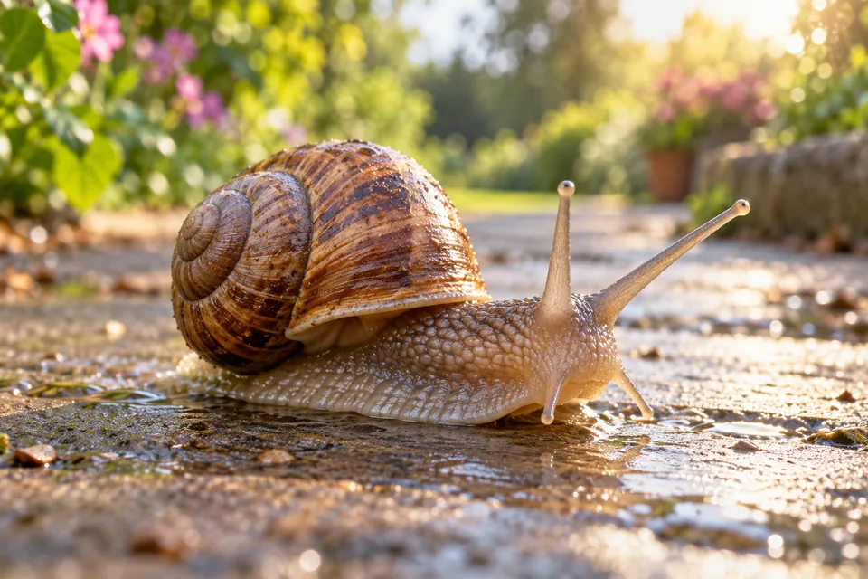 A brown garden snail crosses a wet path in warm morning light