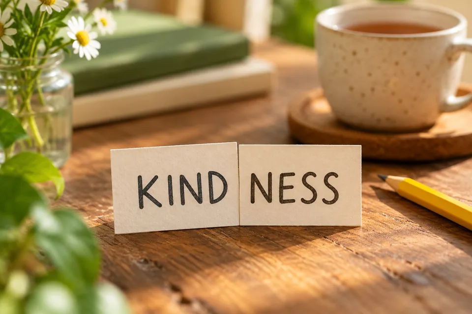 Cards reading KIND and NESS beside a pencil and tea