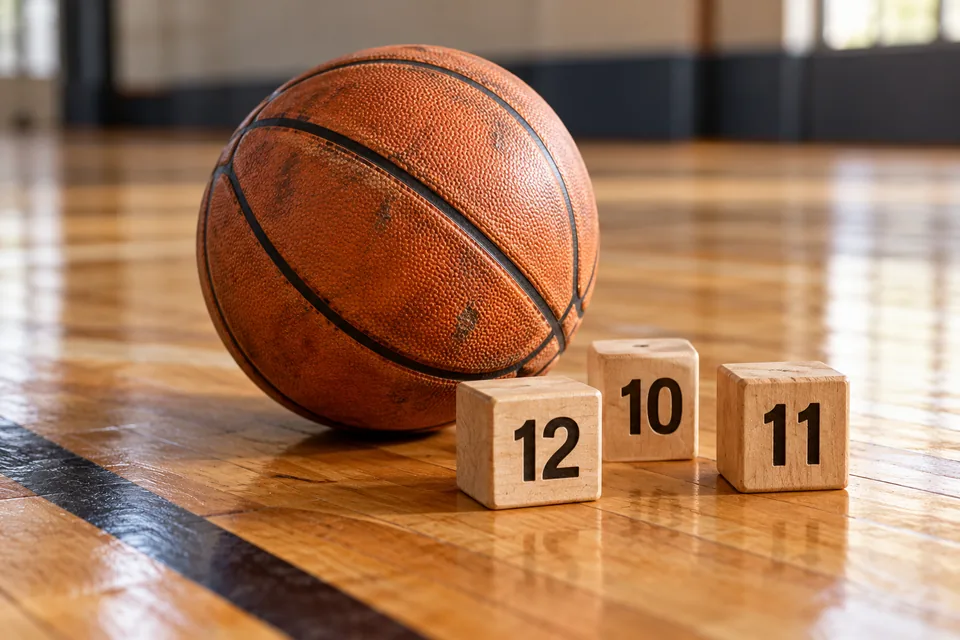 A basketball beside three wooden blocks marked 12, 10 and 11