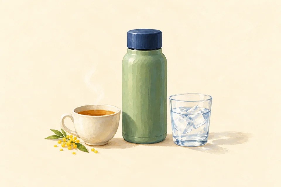 A green insulated flask with an indigo cap beside a cream cup of tea and a glass of water with ice