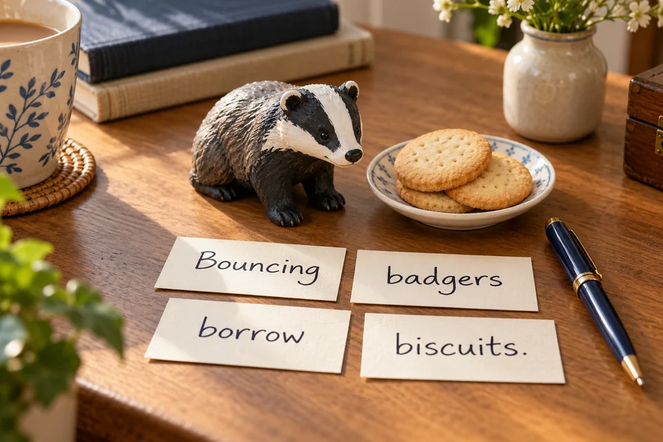 Four handwritten cards reading Bouncing badgers borrow biscuits beside a clay badger figurine and a saucer of biscuits on a wooden desk
