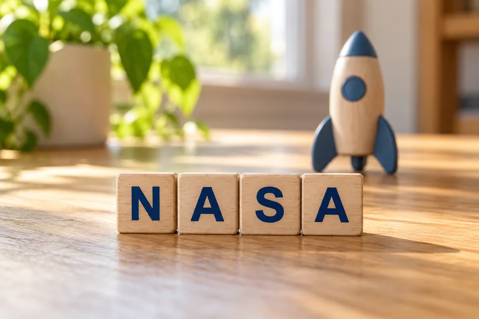 Four wooden letter tiles spell NASA beside a small unbranded toy rocket on a sunlit desk