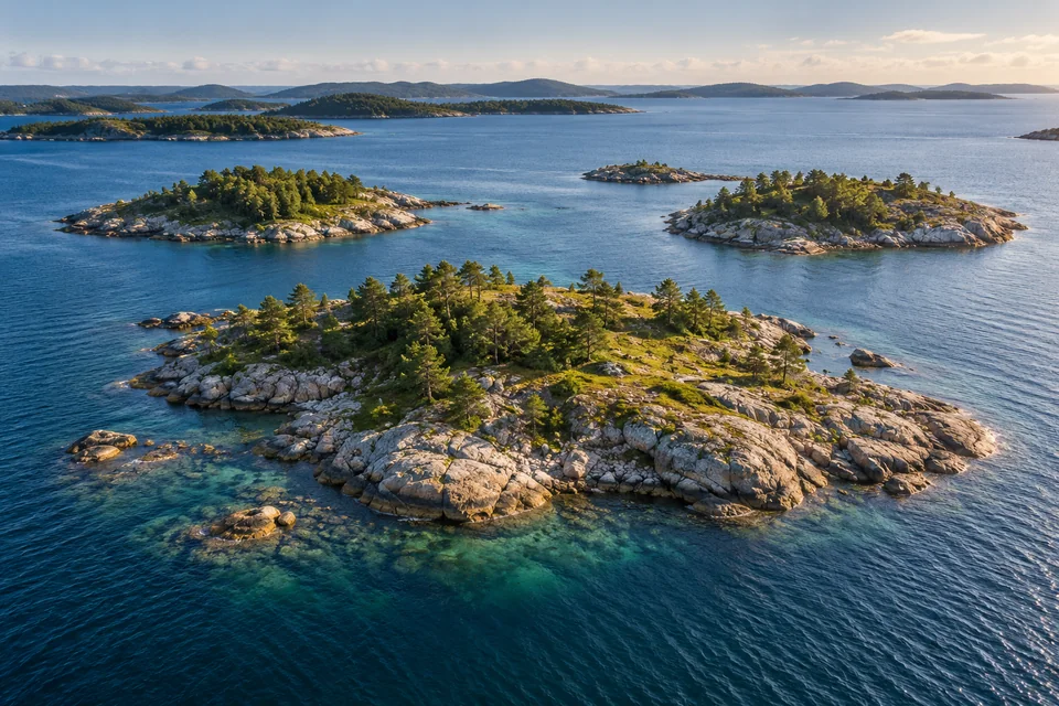Several separate granite islands with pine trees sit in blue coastal water, with visible channels between them