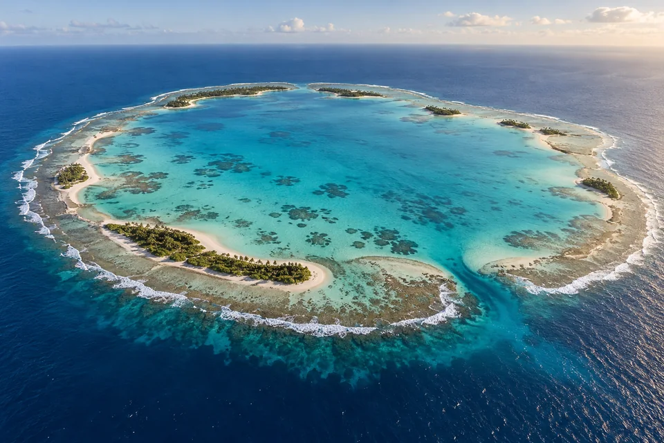 A realistic aerial view of an irregular coral reef enclosing a turquoise lagoon, with sandy islets and gaps to the blue ocean