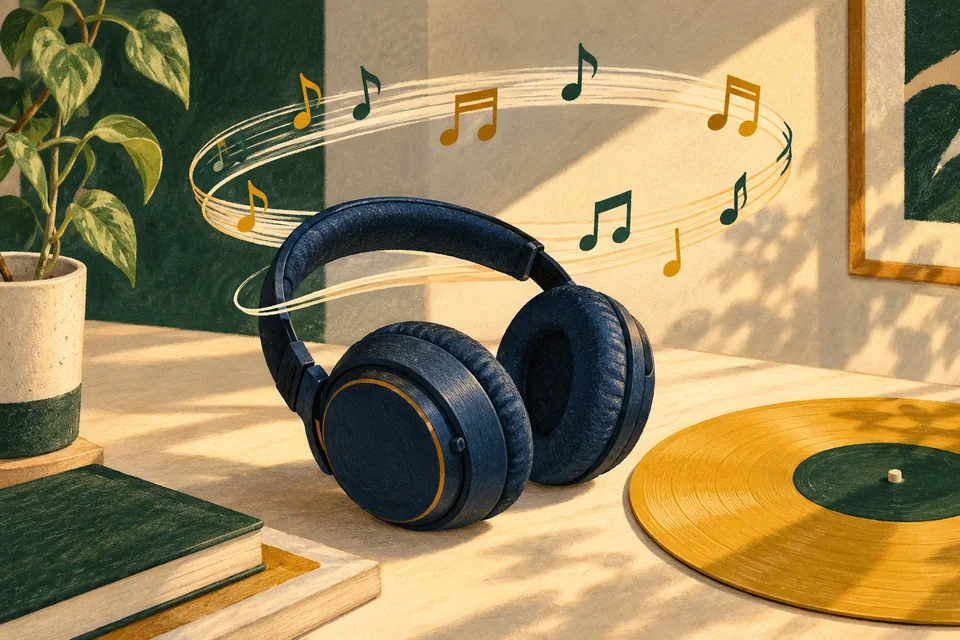 Navy headphones and a yellow record on a cream desk, with a conceptual loop of musical notes above them