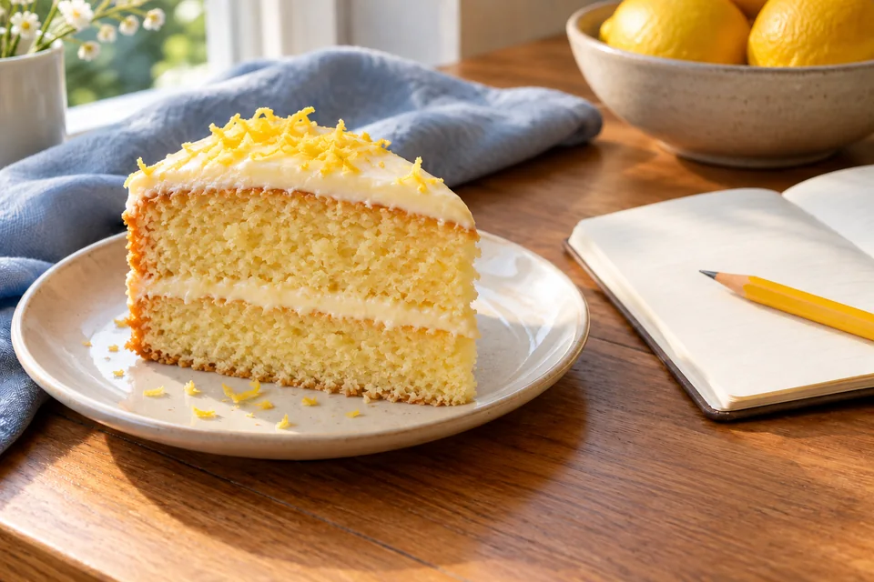 A slice of lemon cake on a cream plate beside an open notebook and a yellow pencil