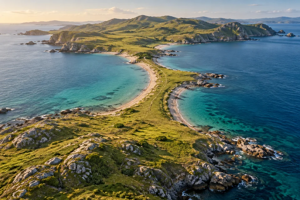 A narrow grassy coastal isthmus joins two wider rocky land areas, with blue sea on both sides