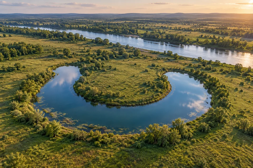 An isolated horseshoe-shaped lake lies in a green floodplain beside a separate, straighter river