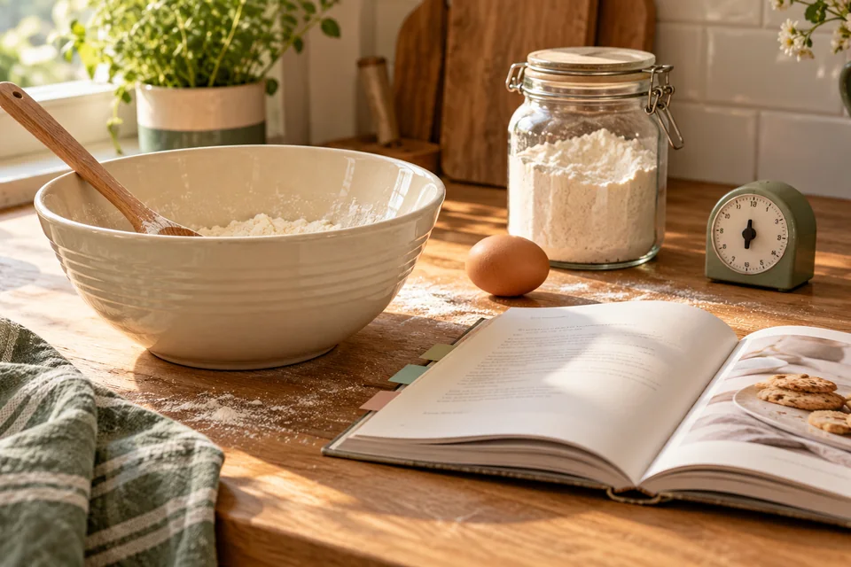 A mixing bowl, recipe book with coloured page tabs and kitchen timer sit on a sunlit wooden worktop