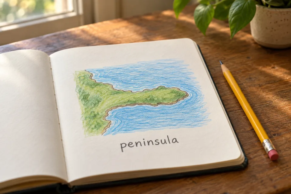 An open notebook shows a simple peninsula sketch and its handwritten name beside a yellow pencil