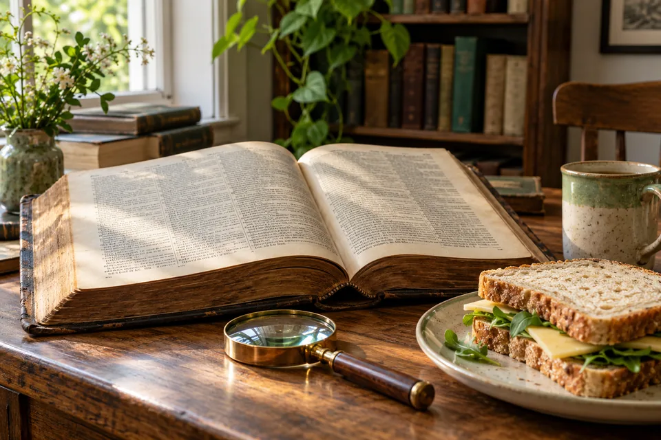 An old dictionary, magnifying glass and cheese sandwich in a library