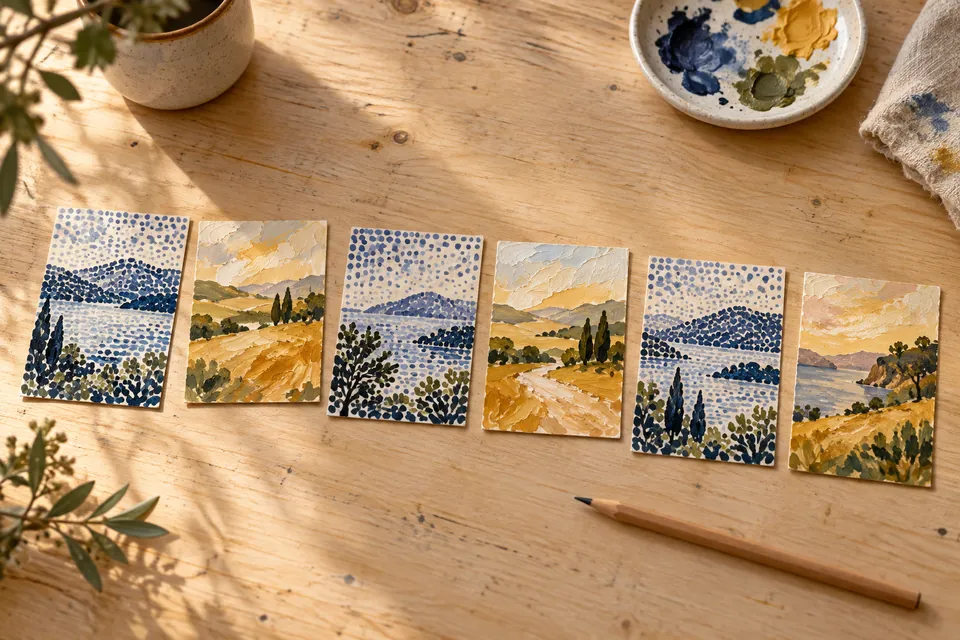 Six small landscape study cards alternate between blue dots and golden brushstrokes on a sunlit wooden desk