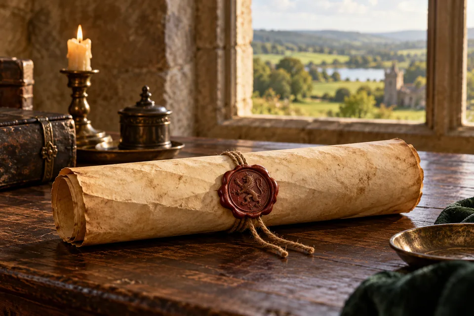A rolled parchment and dark red wax seal on an oak table beside a stone window