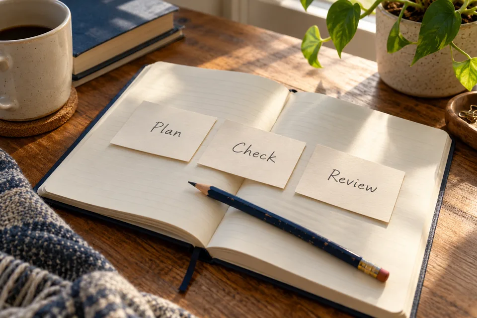 Three handwritten cards reading Plan, Check and Review lie on an open notebook beside a navy pencil
