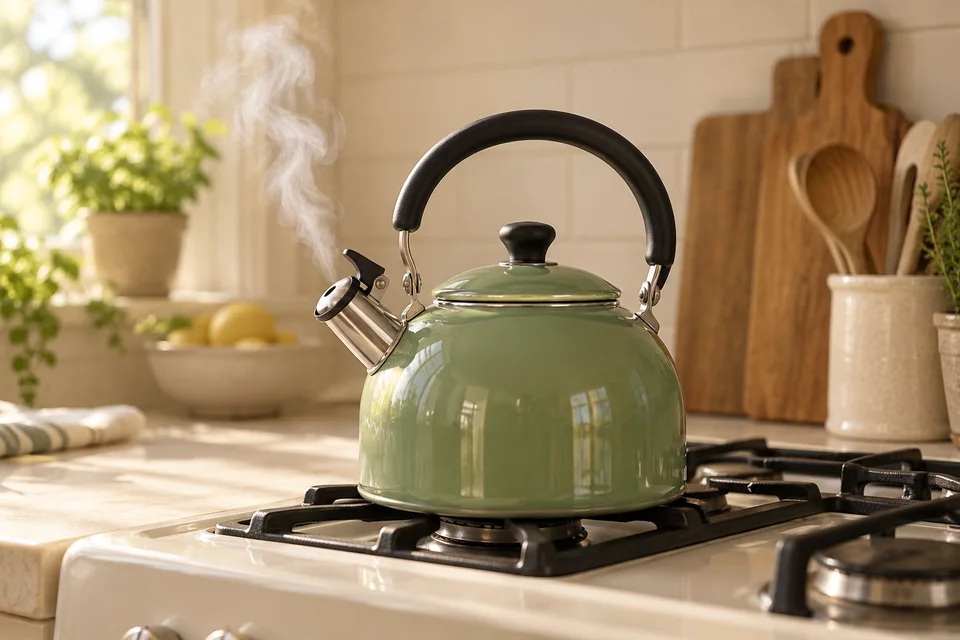 A green enamel kettle releasing a wisp of steam in a sunlit cream kitchen