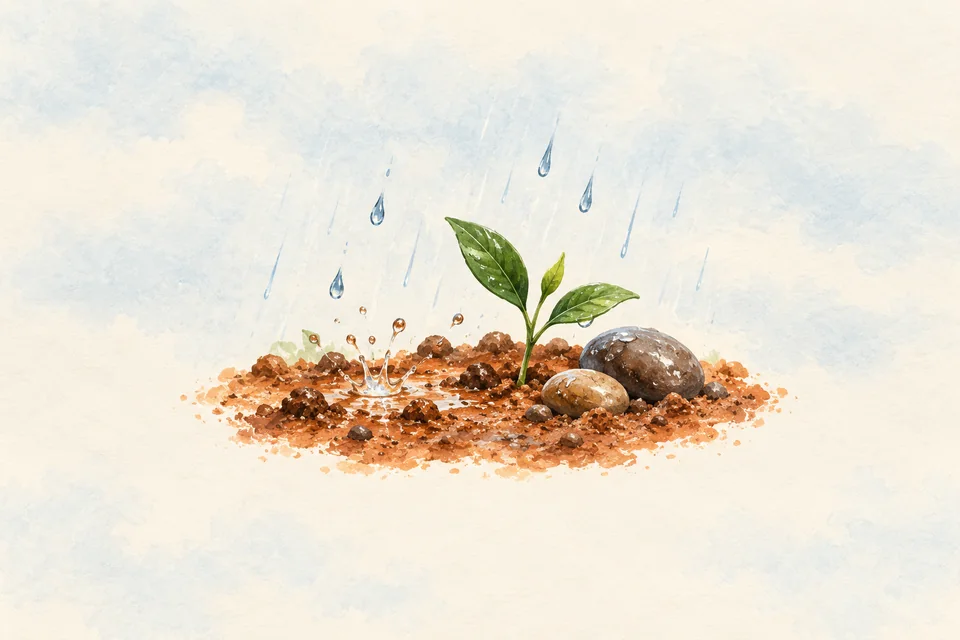Raindrops and a small splash on earthy soil beside a green seedling and two smooth stones