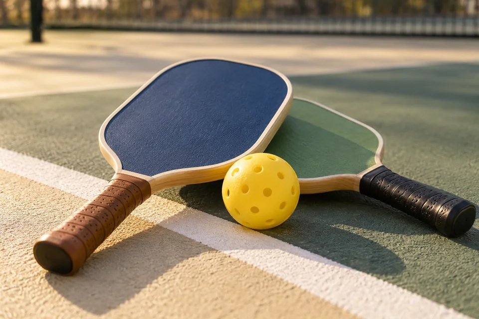 Two solid-faced navy and green pickleball paddles and a yellow perforated ball on a court, with a net behind them