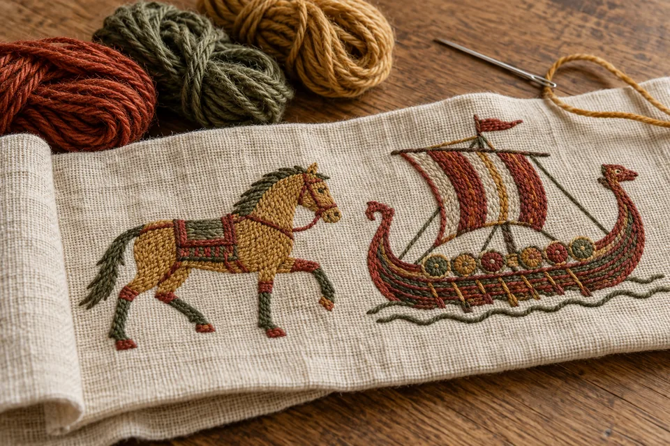 A sample of horse and ship embroidery on linen lies beside coloured wool and an embroidery needle