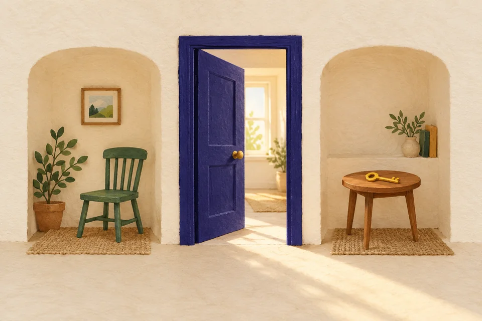 An open indigo door between cream alcoves, with a green chair and a yellow key on a wooden table