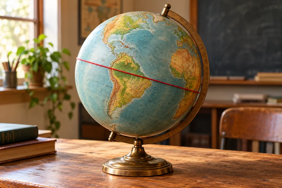 A classroom globe with a red thread following its middle