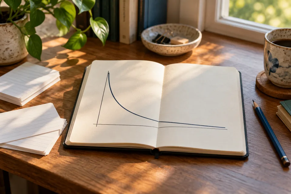 An open notebook with a simple unlabelled falling curve rests beside study cards and a blue pencil