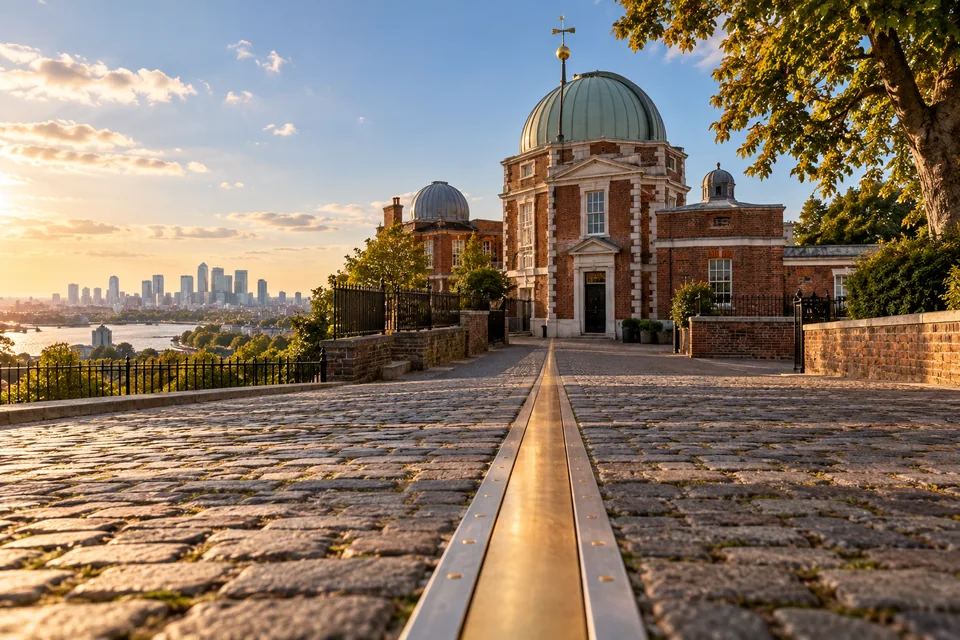 A brass meridian strip leads across a stone courtyard towards an observatory