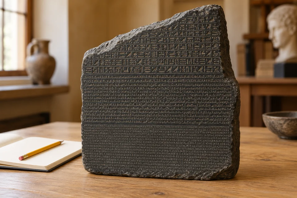 An illustrative dark stone model with a broken upper edge and three bands of engraved writing on a study table