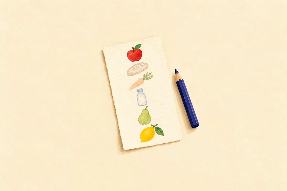An illustrated shopping list with a vivid apple and lemon at its ends, fainter groceries in the middle and an indigo pencil beside it