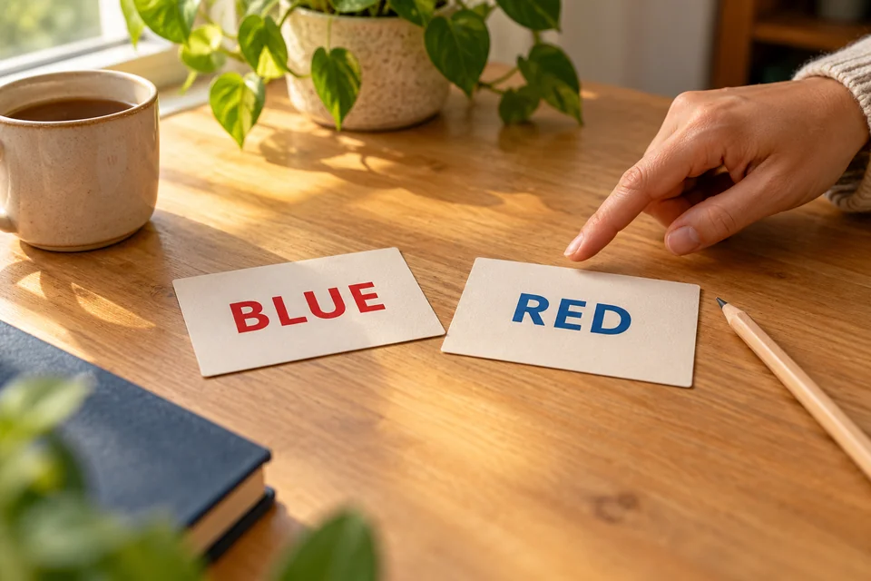 Two cream cards on a wooden desk: BLUE printed in red and RED printed in blue, with a hand pointing towards them
