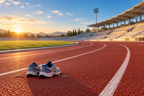 Running shoes on a sunlit athletics track beside empty stadium seats