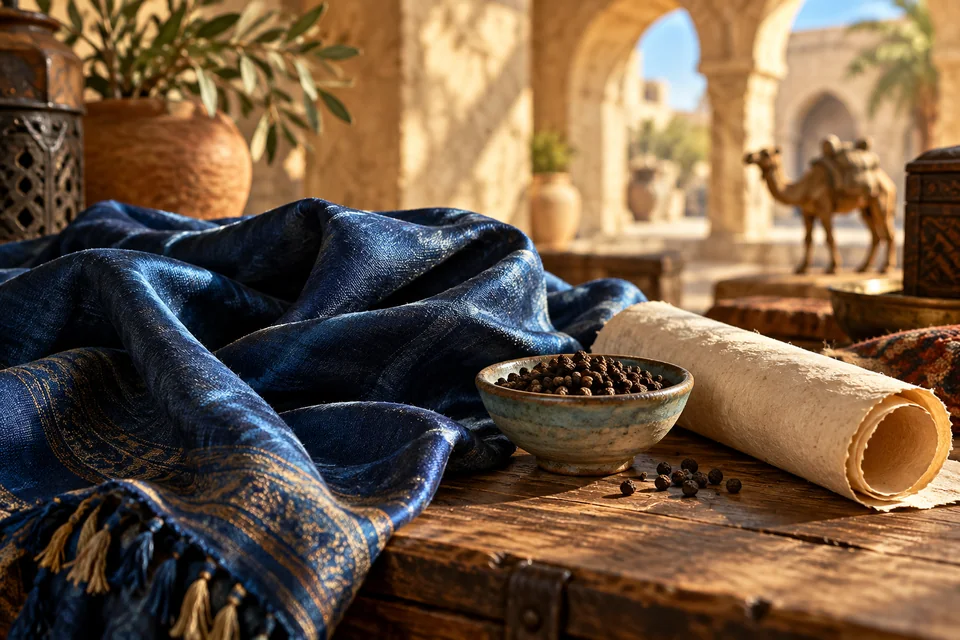 Folded blue silk, a ceramic bowl of peppercorns and a roll of plain paper on a wooden table, with a small camel figurine behind