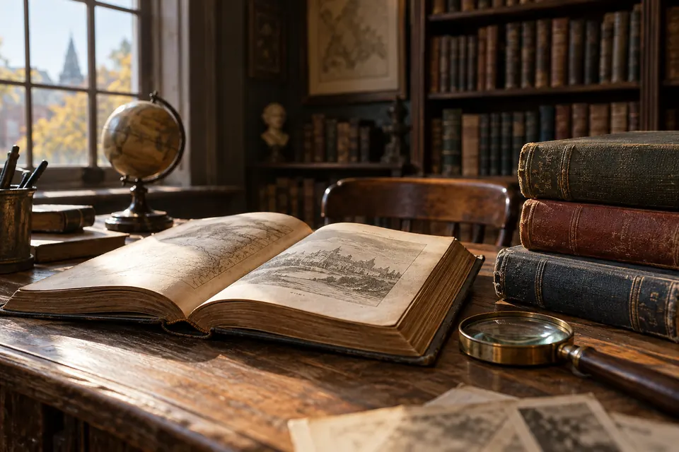 An open history book and magnifying glass in a library