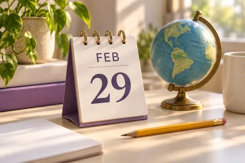 A February 29 desk calendar beside a globe in warm sunlight