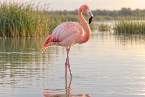 A pink flamingo standing in shallow lagoon water beside soft green reeds