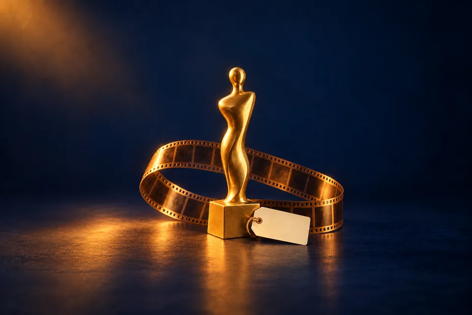 A generic gold cinema award beside a curl of film and a blank name tag on a dark blue background